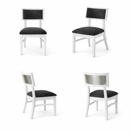 Milano white chair with silver mirrored backrest panel and solid white wood frame for modern luxury event seating