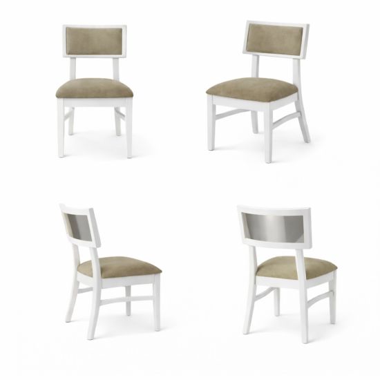 Milano white chair with silver mirrored backrest panel and solid white wood frame for modern luxury event seating