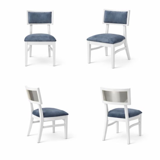 Milano white chair with silver mirrored backrest panel and solid white wood frame for modern luxury event seating