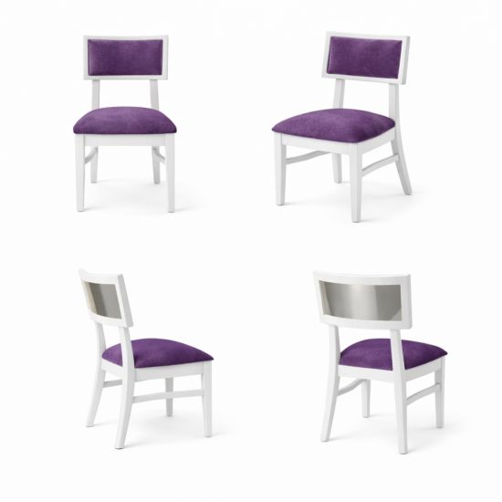 Milano white chair with silver mirrored backrest panel and solid white wood frame for modern luxury event seating