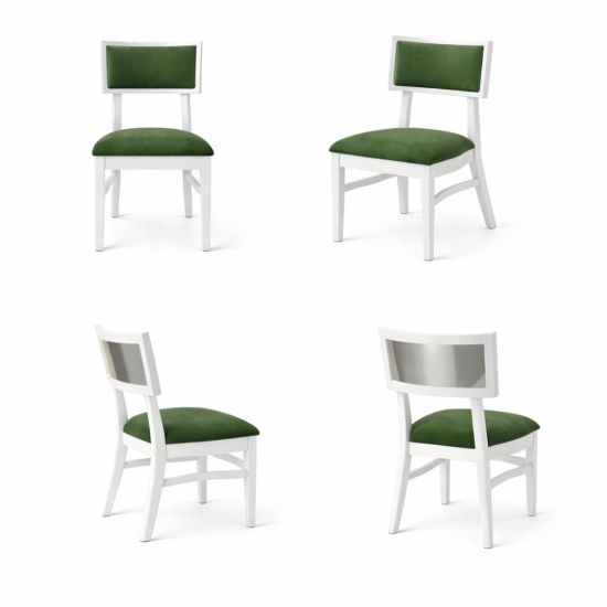 Milano white chair with silver mirrored backrest panel and solid white wood frame for modern luxury event seating