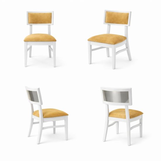 Milano white chair with silver mirrored backrest panel and solid white wood frame for modern luxury event seating