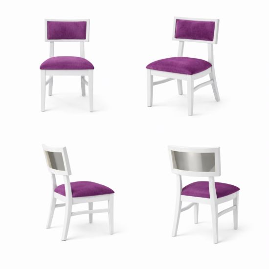 Milano white chair with silver mirrored backrest panel and solid white wood frame for modern luxury event seating