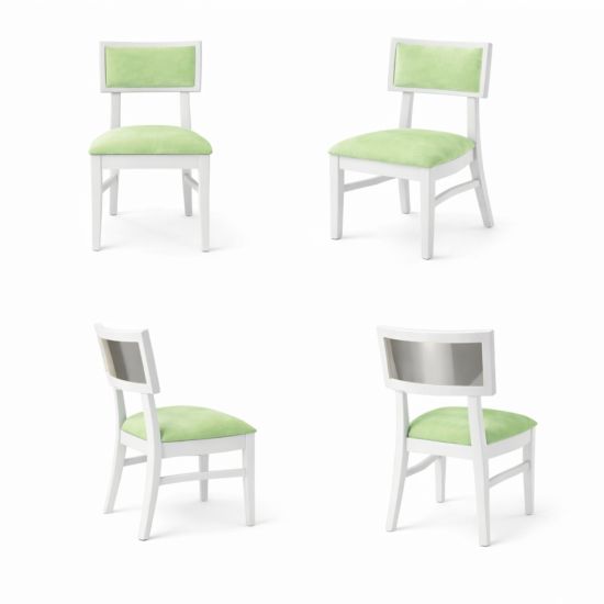 Milano white chair with silver mirrored backrest panel and solid white wood frame for modern luxury event seating