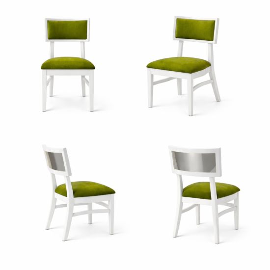 Milano white chair with silver mirrored backrest panel and solid white wood frame for modern luxury event seating