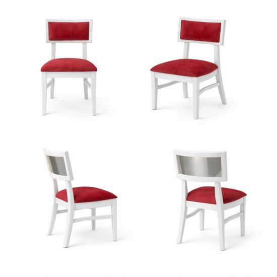 Milano white chair with silver mirrored backrest panel and solid white wood frame for modern luxury event seating