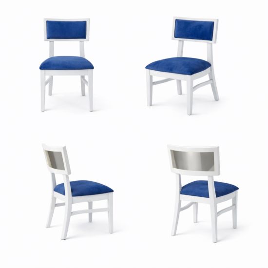 Milano white chair with silver mirrored backrest panel and solid white wood frame for modern luxury event seating