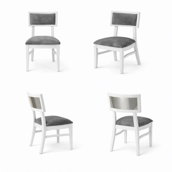 Milano white chair with silver mirrored backrest panel and solid white wood frame for modern luxury event seating
