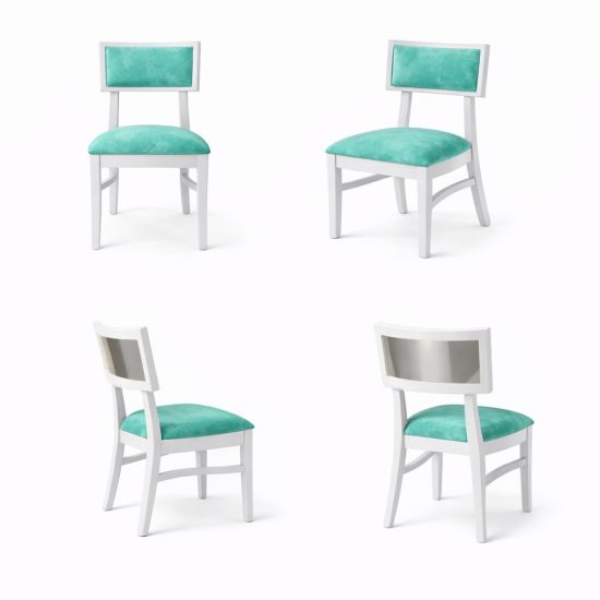 Milano white chair with silver mirrored backrest panel and solid white wood frame for modern luxury event seating