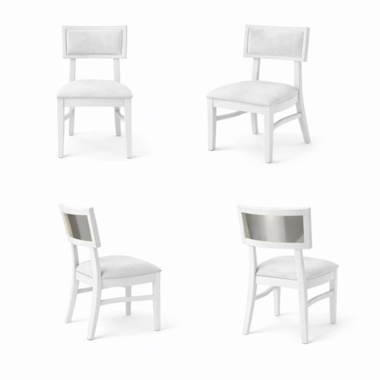 Milano white chair with silver mirrored backrest panel and solid white wood frame for modern luxury event seating