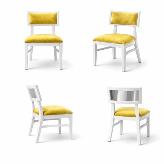 Milano white chair with silver mirrored backrest panel and solid white wood frame for modern luxury event seating