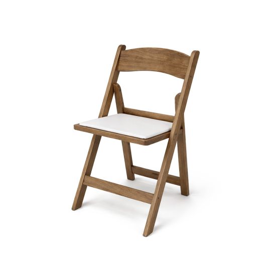 “Walnut resin folding chair with straight backrest, smooth white seat and foldable design ideal for event seating or banquet setups”