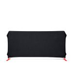 Crowd control barrier with black stretch fabric cover and red steel frame, ideal for event crowd management, VIP areas, and elegant venue barriers.