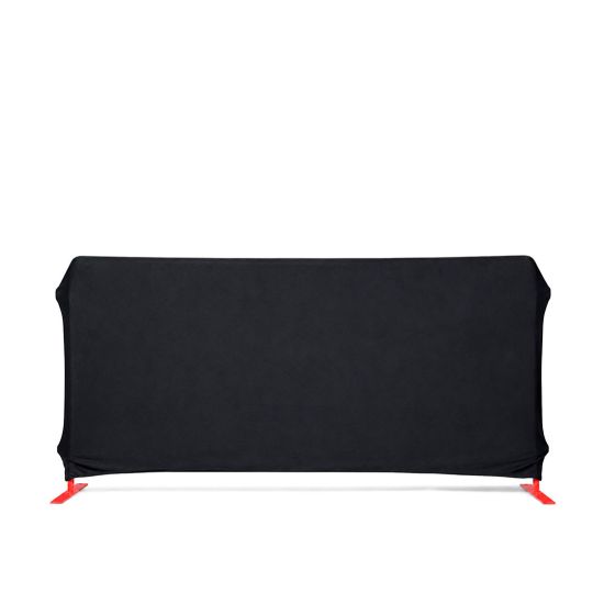 Crowd control barrier with black stretch fabric cover and red steel frame, ideal for event crowd management, VIP areas, and elegant venue barriers.