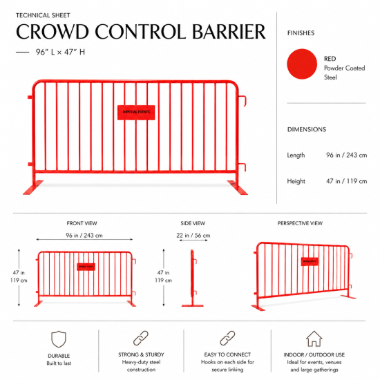 Crowd control barrier with black stretch fabric cover and red steel frame, ideal for event crowd management, VIP areas, and elegant venue barriers.
