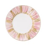 Pink and gold dinner plate with artistic brushstroke rim design for stylish table presentation