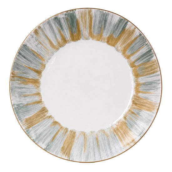 Sage green and gold charger plate with abstract brushstroke rim design for elegant table settings