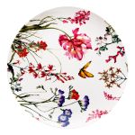 Elegant white dinner plate with delicate wildflowers and orange butterfly botanical artwork
