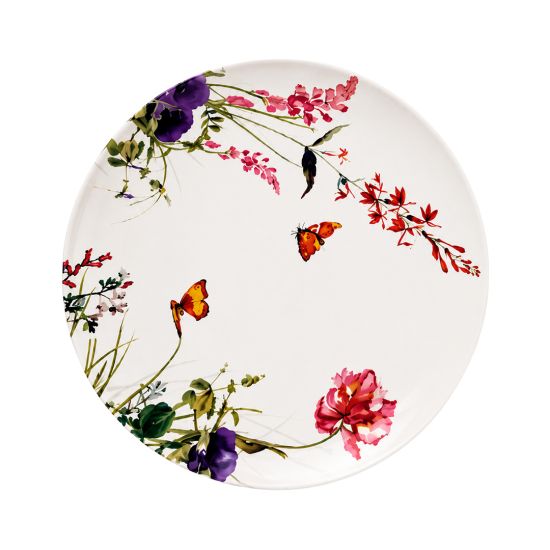 Luxury white dinner plate with vibrant floral bouquet artwork featuring roses, tulips, and botanical blooms