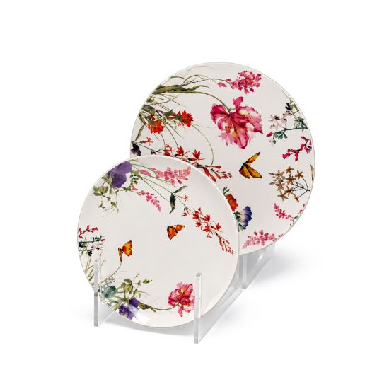 Elegant white dinner plate with delicate wildflowers and orange butterfly botanical artwork