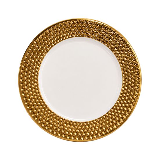 Luxury white dinner plate with gold beaded rim and decorative raised pearl border