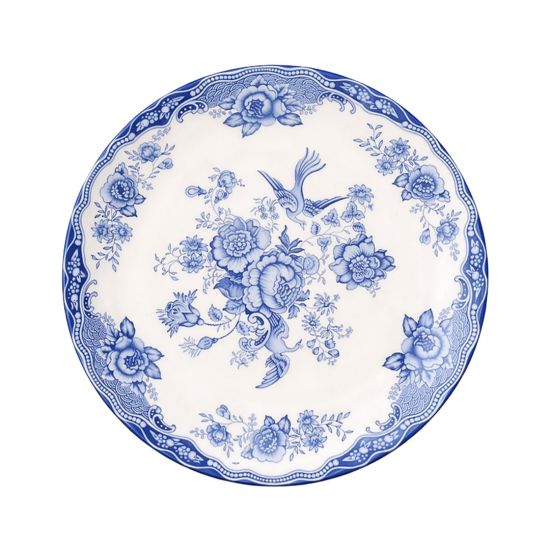 Blue and white floral ceramic dinner plates with ornate vintage pattern and decorative border displayed on stand for elegant table settings