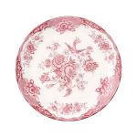 Pink and white floral ceramic dinner plates with ornate vintage pattern and decorative border displayed on stand for elegant table settings