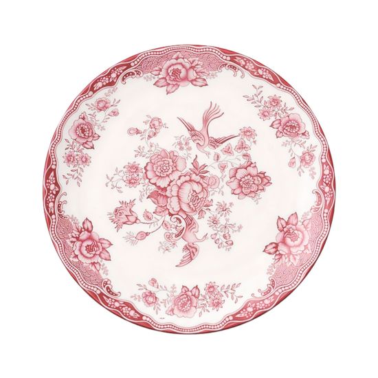 Pink and white floral ceramic dinner plates with ornate vintage pattern and decorative border displayed on stand for elegant table settings