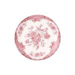 Pink and white floral ceramic dinner plates with ornate vintage pattern and decorative border displayed on stand for elegant table settings