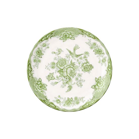 Sage Green and white floral ceramic dinner plates with ornate vintage pattern and decorative border displayed on stand for elegant table settings
