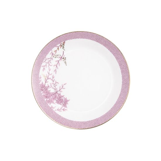 Lenox Garden Grove Dusty Pink salad plate with Dusty Pink patterned rim and delicate floral accents, white center, and thin gold edge on a white background
