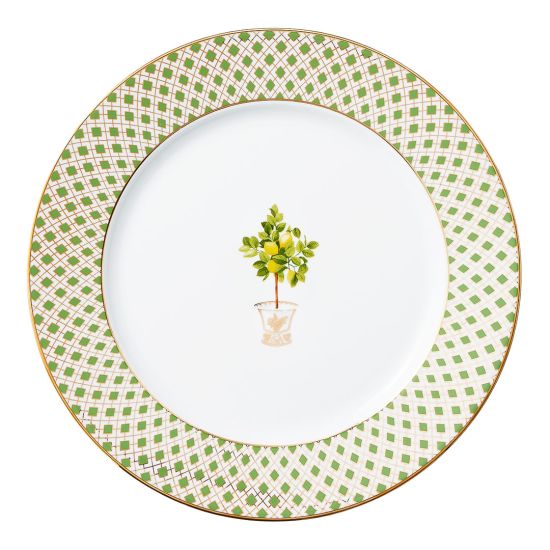 Giardino di Limoni charger plate with green geometric border, gold trim and lemon tree center design for luxury table décor