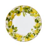 Giardino di Limoni dinner plate with lemon and green leaf border, floral accents and white center for Mediterranean style dining