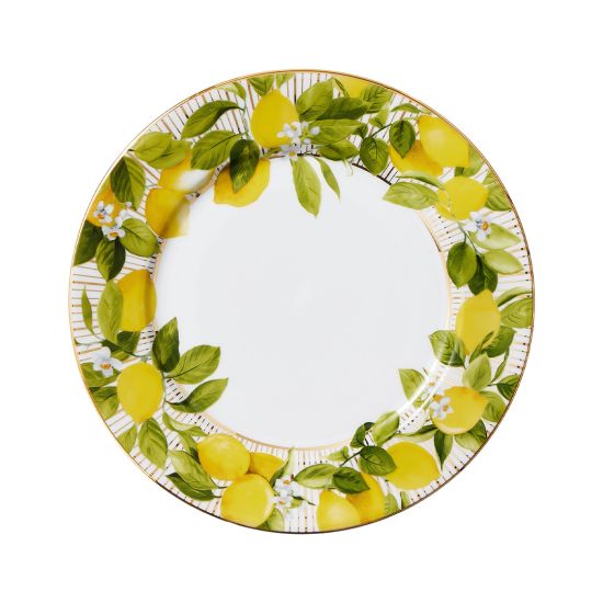 Giardino di Limoni dinner plate with lemon and green leaf border, floral accents and white center for Mediterranean style dining