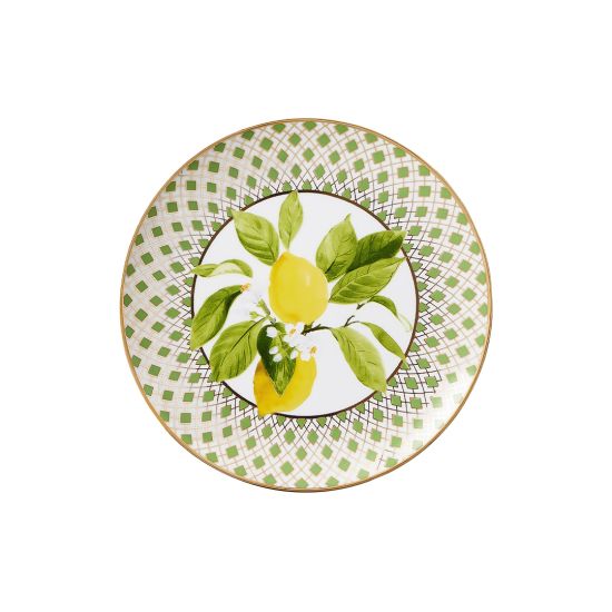 Giardino di Limoni salad plate with lemon branch design, green patterned border and gold trim for elegant summer table settings