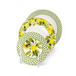Giardino di Limoni dinner plate with lemon and green leaf border, floral accents and white center for Mediterranean style dining