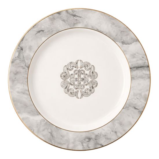 Marble of Delphi charger plate with gray marble rim, gold trim and decorative center motif for elegant table décor