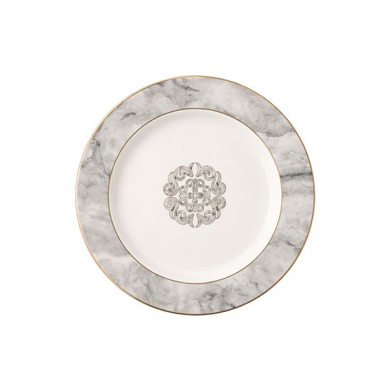 Marble of Delphi salad plate with gray marble border, gold trim and elegant center motif for upscale table settings