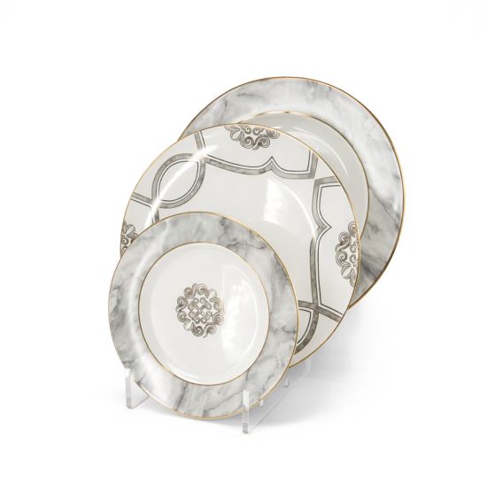 Marble of Delphi salad plate with gray marble border, gold trim and elegant center motif for upscale table settings