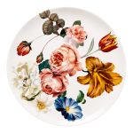 Decorative floral charger plate with colorful botanical artwork on white ceramic surface