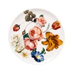 Luxury white dinner plate with vibrant floral bouquet artwork featuring roses, tulips, and botanical blooms