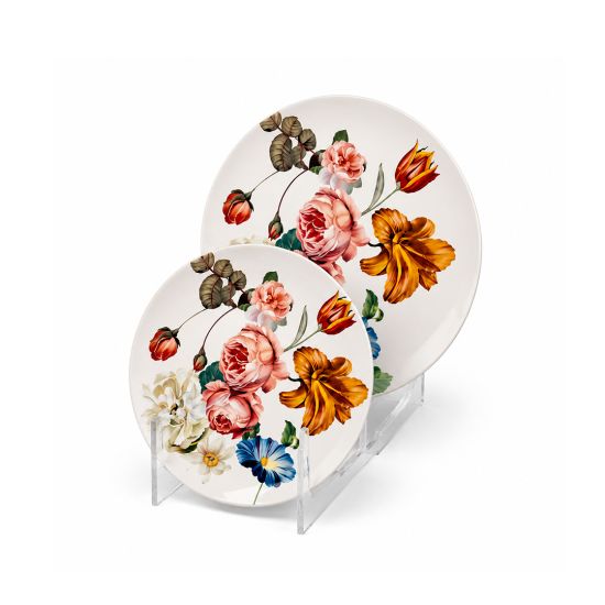 Luxury white dinner plate with vibrant floral bouquet artwork featuring roses, tulips, and botanical blooms