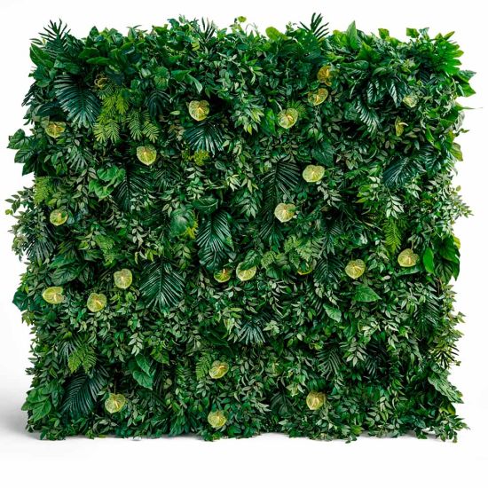Lush green artificial living wall with mixed foliage and textured greenery, botanical backdrop panel for weddings, photo ops, and events.