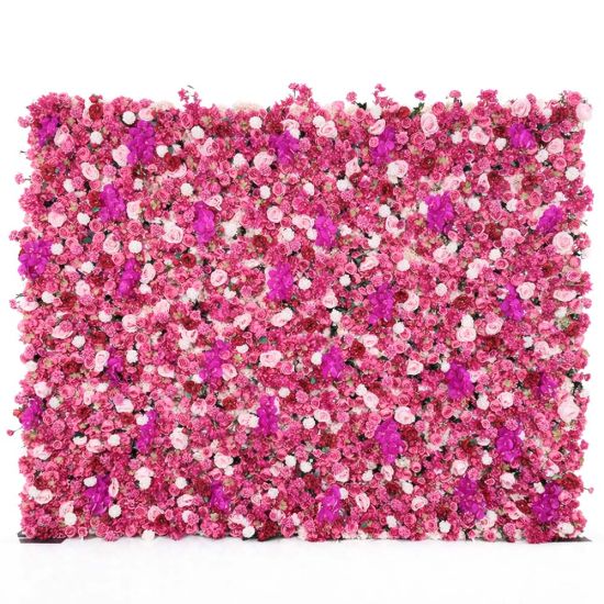 Bright fuchsia flower wall backdrop with dense mixed blooms, bold romantic photo backdrop panel for weddings and event décor styling.