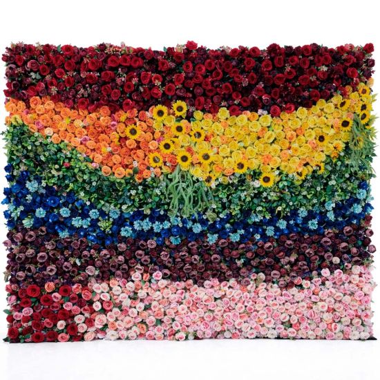 Rainbow flower wall backdrop with horizontal color bands of mixed blooms, vibrant photo backdrop panel for parties and events.