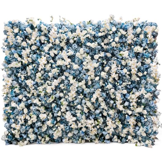 Blue and white flower wall backdrop with dense mixed blooms, coastal wedding photo backdrop panel for events and lounge styling.
