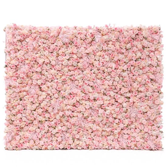 Soft pink and white flower wall backdrop with dense mixed blooms, romantic wedding photo backdrop panel for events and photo ops.