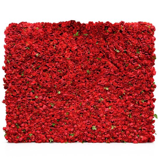 Red rose flower wall backdrop with dense blooms, classic romantic wedding photo backdrop panel for ceremonies and event photo ops.