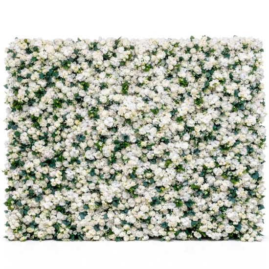 White and green flower wall backdrop with dense blooms, garden-inspired wedding photo backdrop panel for events and staging.