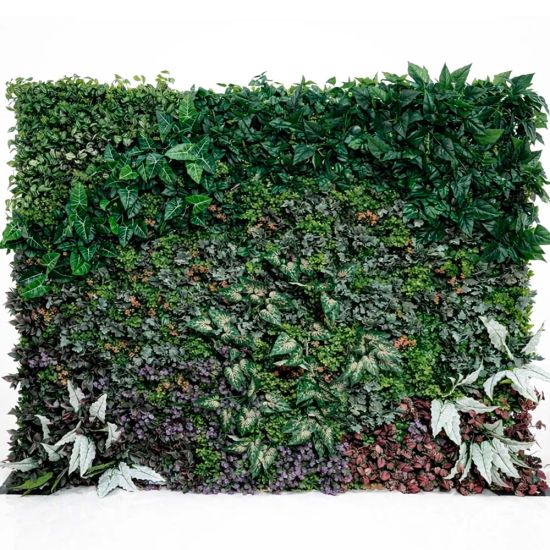 Lush green foliage wall backdrop with mixed leaves and floral accents, garden-style photo backdrop panel for weddings and events.